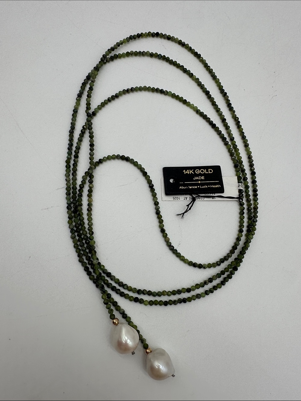 14K Gold Jade Bead Necklace with Pearl Drops - Green